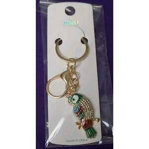 Mint Multicolor Parrot Bird Rhinestone Purse Charm Key Ring Chain Gold Tone New